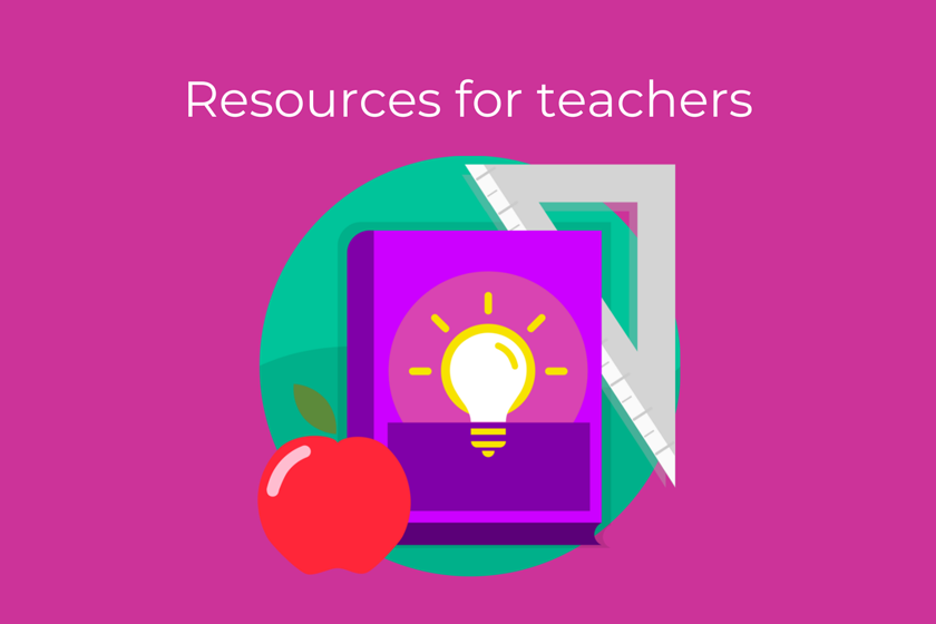 Promo image with a book, set square, applw and lightbulb. Text 'Resources for teachers'