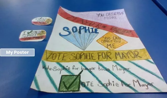 image of a poster created by a child designed to imitate a voting flyer. the flyer says to vote sophie for mayor